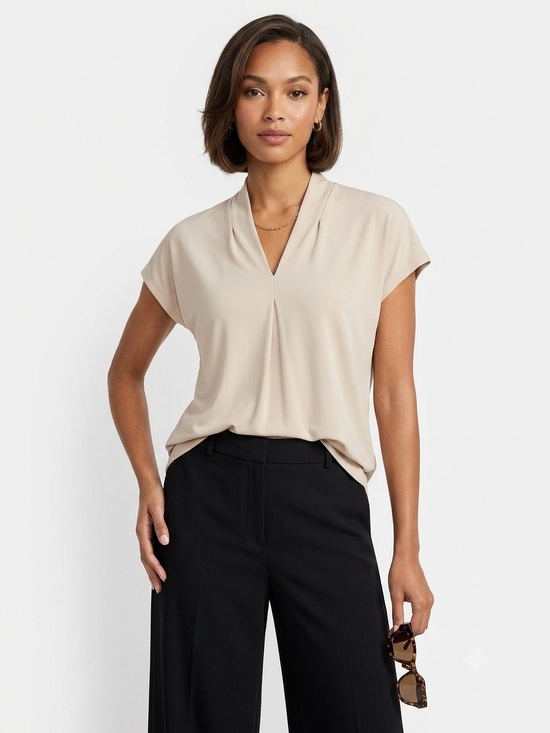 Philosophy Tops - Philosophy Beige Short Sleeve Drape V-Neck Top, Size XL